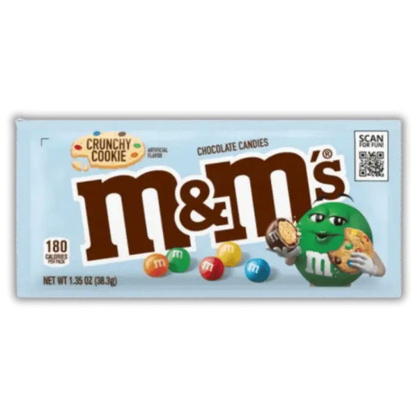 Paquet M&M’s Crunchy Cookie au chocolat et cœur cookie, sucrerie américaine rare disponible chez Bonbiz.