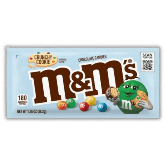 Paquet M&M’s Crunchy Cookie au chocolat et cœur cookie, sucrerie américaine rare disponible chez Bonbiz.