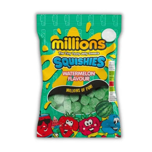 Millions Squishies Watermelon – Bonbons moelleux goût pastèque, sucrés, fruités et typiques des snacks américains.