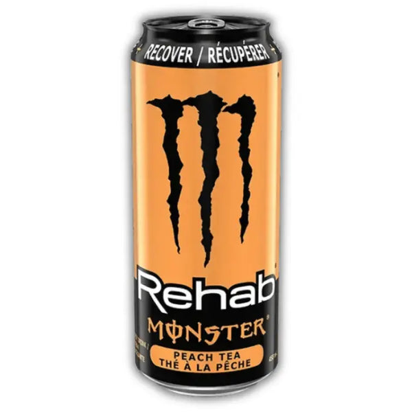 Monster Rehab Peach – Boisson énergisante sans bulles au thé glacé pêche, douce, fruitée et rafraîchissante.
