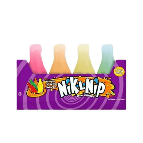 Nik-L-Nip 4 Mini Drinks – Mini bouteilles en cire à boire et mâcher, au sirop sucré fruité.
