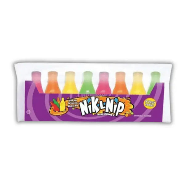 Nik-L-Nip Mini Drinks – Bouteilles en cire remplies de sirop sucré aux saveurs fruitées rétro.