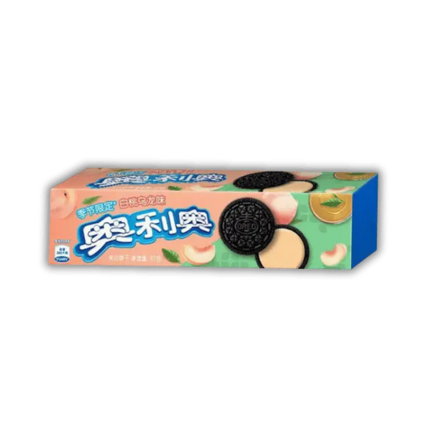 Oreo pêche oolong édition asiatique, biscuit sucré croquant au goût fruité-thé, proposé par la boutique Bonbiz.