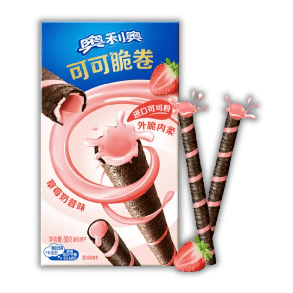 Biscuit Oreo roulé asiatique au goût milkshake fraise, sucrerie importée disponible sur l'épicerie Bonbiz.