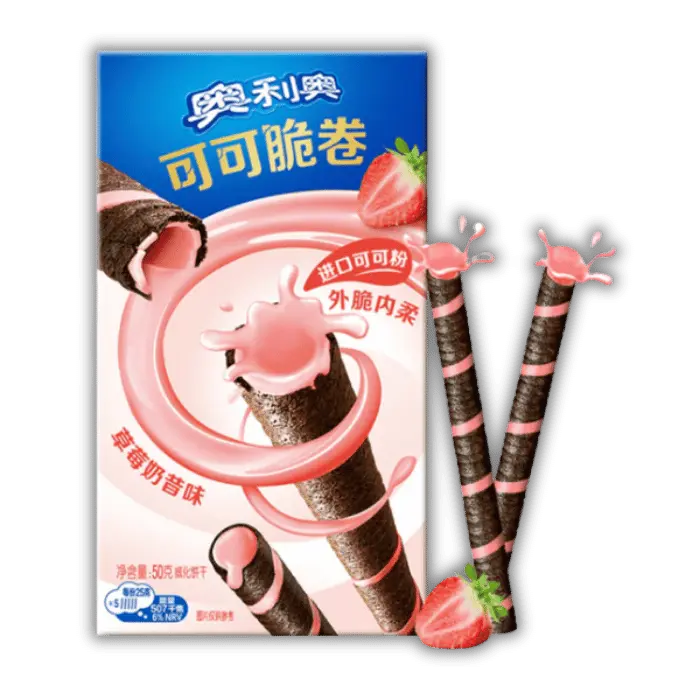 Biscuit Oreo roulé asiatique au goût milkshake fraise, sucrerie importée disponible sur l'épicerie Bonbiz.