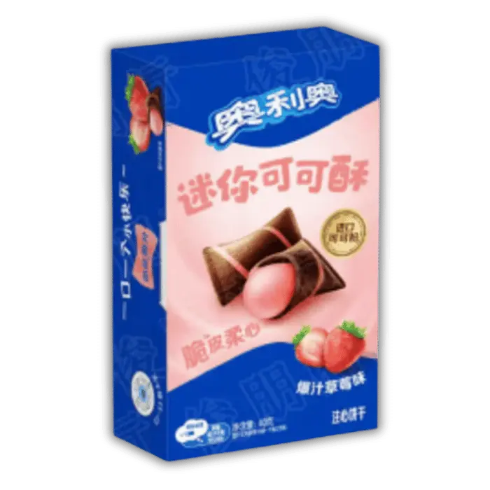 Oreo asiatique cacao fraise, biscuit américain revisité au goût fruité et intense, à découvrir sur Bonbiz.