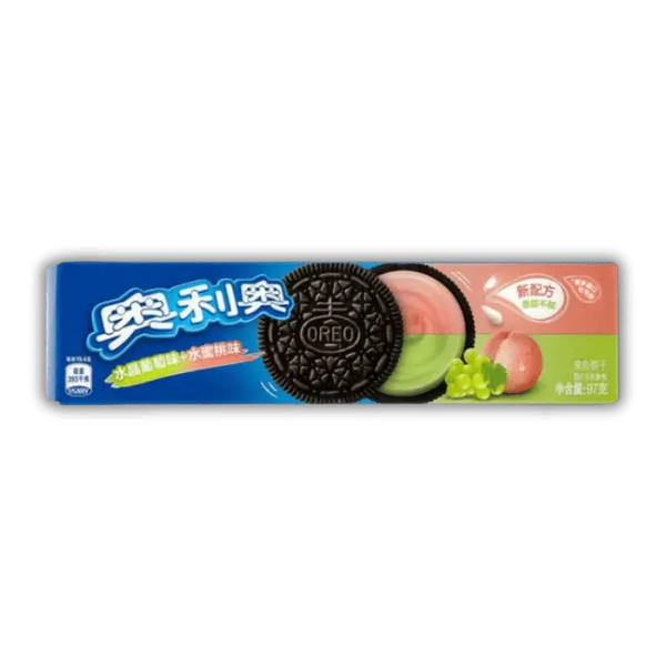 Oreo chinois goût pêche et raisin, biscuit sandwich coloré et fruité à découvrir dans l’épicerie Bonbiz.