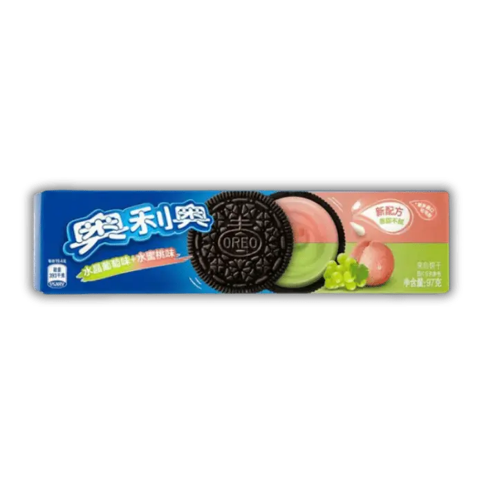 Oreo chinois goût pêche et raisin, biscuit sandwich coloré et fruité à découvrir dans l’épicerie Bonbiz.
