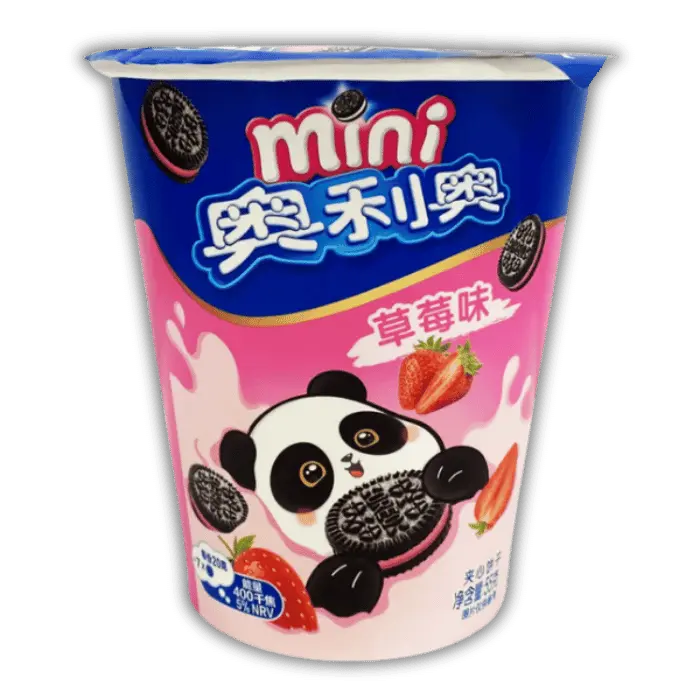 Pot de mini Oreo fraise croquants, biscuit sucré au format nomade importé d’Asie chez Bonbiz, spécialiste du snacking US.