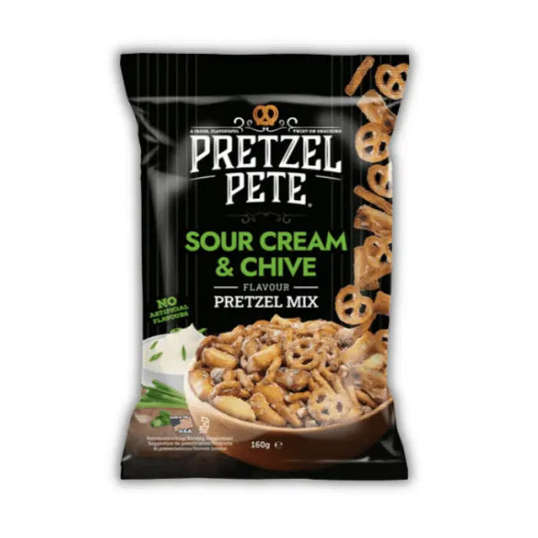 Pretzel Pete Mix Sour Cream and Chive – bretzels salés goût crème aigre et ciboulette, snack américain croustillant et savoureux.