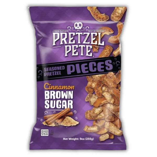Pretzel Pete Pieces Cinnamon Brown Sugar – bretzels sucrés américains à la cannelle et sucre brun, snack croustillant Bonbiz.