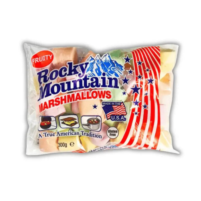 Rocky Mountain Marshmallows Fruity Bonbiz – chamallows américains verts et blancs aux fruits, parfaits pour griller, décorer desserts ou chocolat chaud.