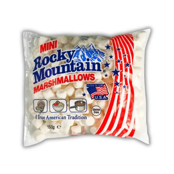Rocky Mountain Mini Marshmallows Bonbiz – petits chamallows américains moelleux, parfaits pour chocolat chaud, desserts et chamallows grillés.