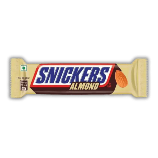 Snickers Almond India Bonbiz – barre chocolatée américaine, caramel fondant, cacahuètes grillées et amandes croustillantes.