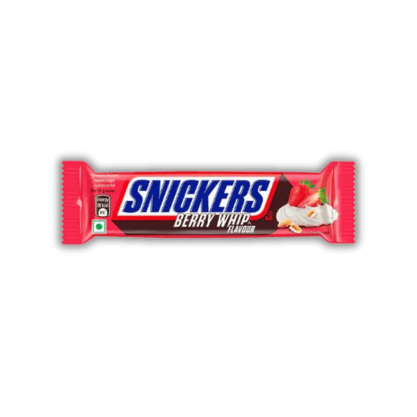Snickers Berry Whip Bonbiz – barre chocolatée américaine, nougat à la fraise, caramel fondant, chocolat au lait et cacahuètes grillées.