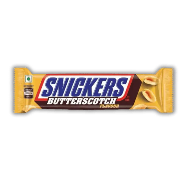 Snickers Butterscotch Bonbiz – barre chocolatée américaine, caramel doré butterscotch, chocolat Snickers fondant et amandes croquantes.