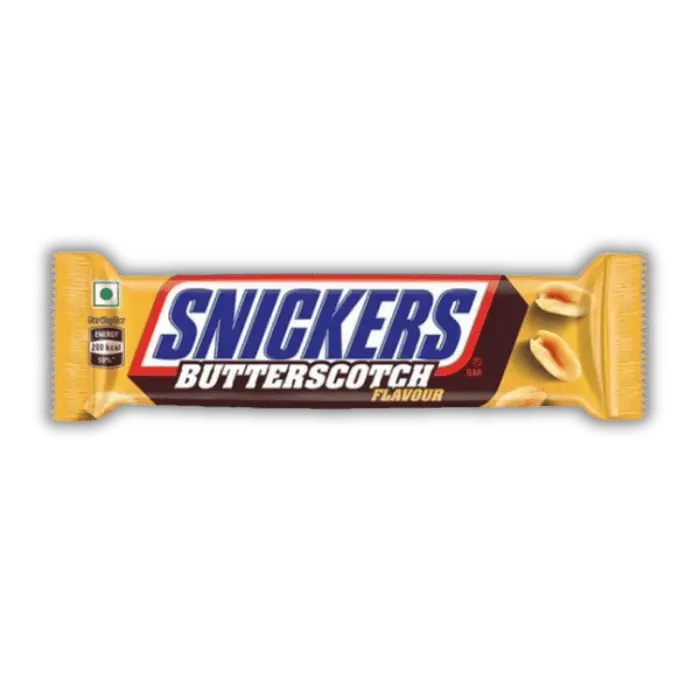 Snickers Butterscotch Bonbiz – barre chocolatée américaine, caramel doré butterscotch, chocolat Snickers fondant et amandes croquantes.