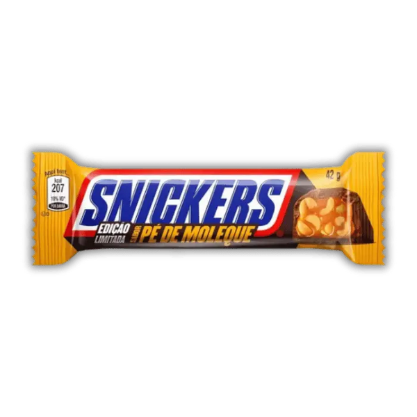 Snickers Pé De Moleque Bonbiz – barre chocolatée américaine, caramel aux arachides brésilien, cacahuètes grillées, chocolat Snickers fondant.