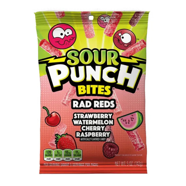 Sour Punch Bites Rad Reds – Bonbons rouges acidulés, moelleux et fruités aux saveurs intenses américaines.