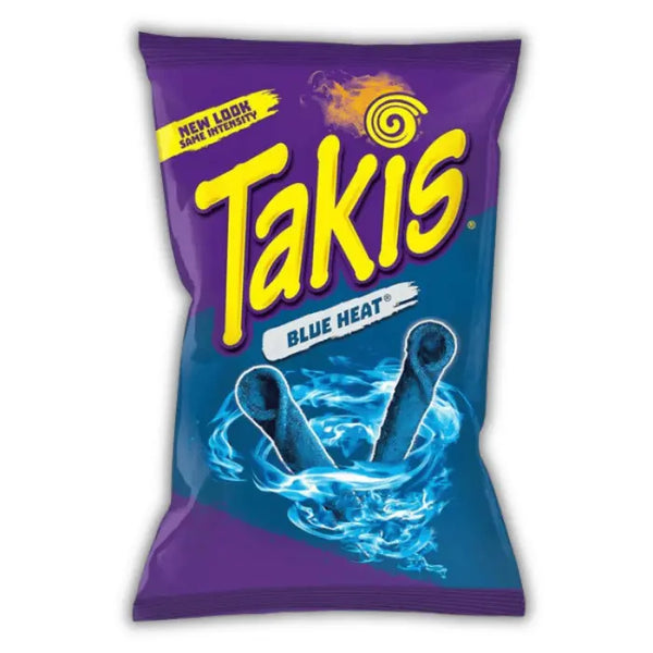 Takis Blue Heat Medium – chips américaines roulées bleu vif, goût piment sec intense, format moyen croustillant.