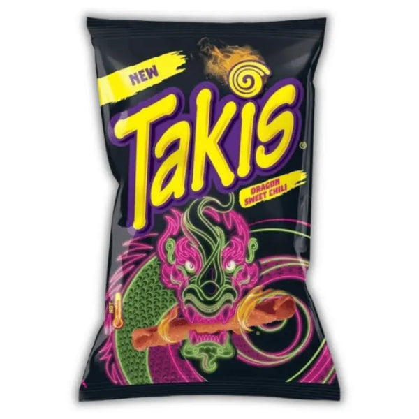 Takis Dragon Sweet Chili – chips américaines roulées goût chili doux et sucré, snack épicé croustillant et original.