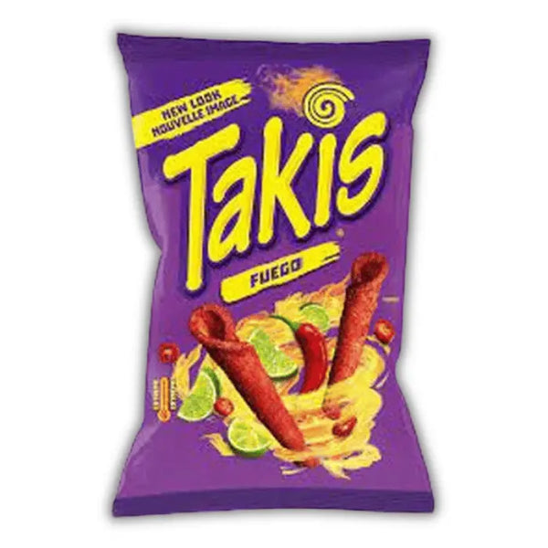 Takis Fuego 90g – chips américaines roulées au piment et citron vert, ultra épicées, format snack individuel.