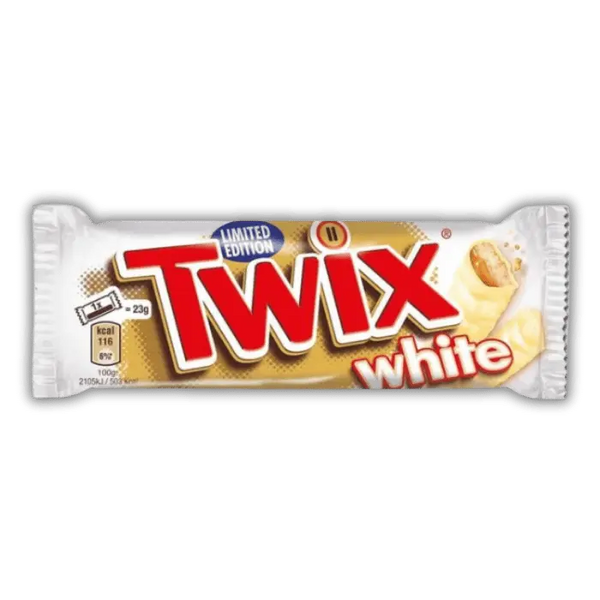 Twix White Bonbiz – barre américaine au chocolat blanc, biscuit croustillant et caramel fondant.