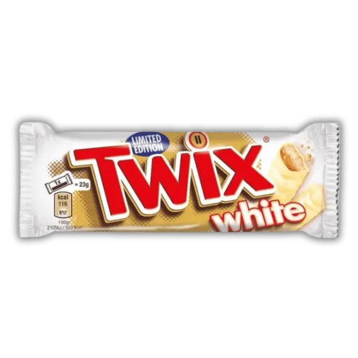 Twix White Bonbiz – barre américaine au chocolat blanc, biscuit croustillant et caramel fondant.