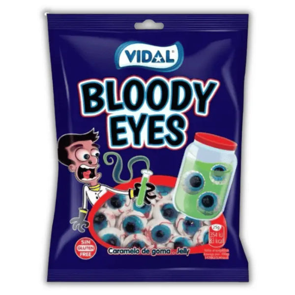 Sachet de Vidal Bloody Eyes, bonbons gélifiés en forme d’yeux ensanglantés au goût fruité, disponibles en épicerie américaine et magasin de bonbon.