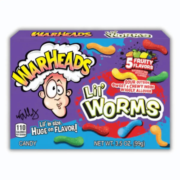 Warheads Lil' Worms – bonbons américains acides et moelleux goût citron, pomme, framboise, cerise et orange – forme de petits vers fruités