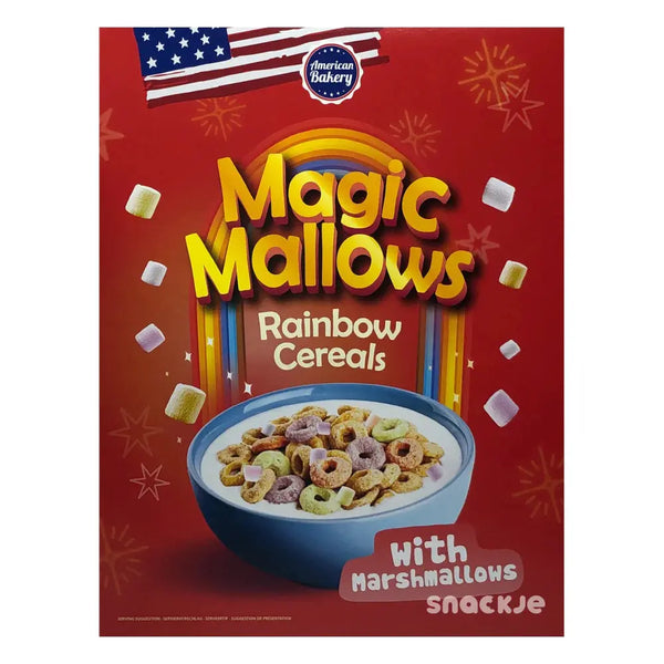 American Bakery Cereals Magic Mallows Rainbow - Céréales américaines ultra croustillantes avec des guimauves colorées, explosion de saveurs et de fun à chaque bouchée, parfaites pour un petit-déjeuner régressif et gourmand, dispo sur Bonbiz, le must des snacks US tendance.