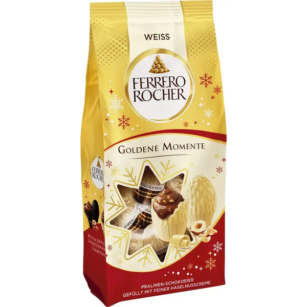 Ferrero Rocher White Chocolate - Praliné au chocolat blanc, enrobé de noisettes croquantes et d'une fine couche de chocolat doré, idéal pour une expérience sucrée et raffinée, dispo sur Bonbiz, la référence des chocolats blancs de luxe.