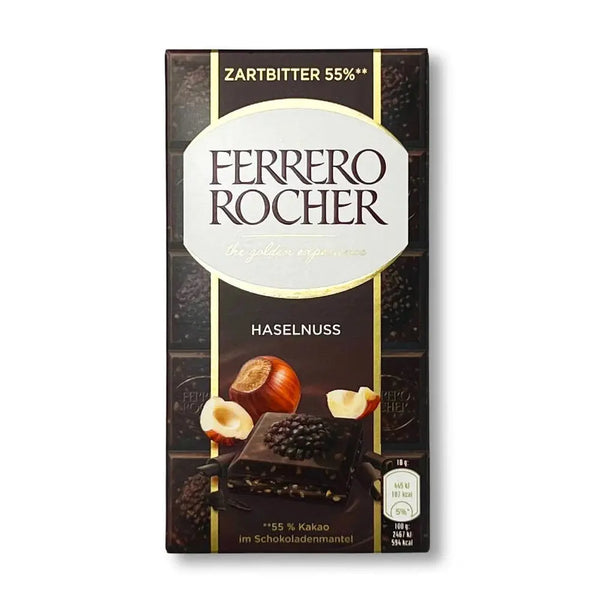 Ferrero Tab Hazelnut Dark Chocolate - Tablette de chocolat noir aux noisettes, riche en saveurs profondes et intenses, idéale pour une expérience chocolatée à la fois gourmande et raffinée, dispo sur Bonbiz, la référence des chocolats noirs de luxe.