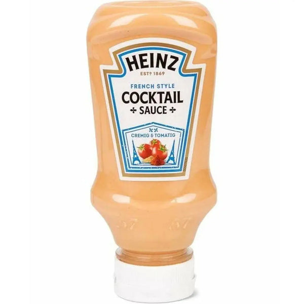 Heinz Sauce Cocktail - Sauce crémeuse et savoureuse au goût légèrement sucré et épicé, idéale pour accompagner vos fruits de mer, poissons et cocktails, dispo sur Bonbiz, la référence des sauces et condiments américains.