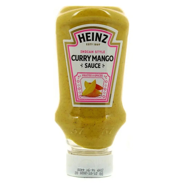 Heinz Sauce Curry Mango - Sauce onctueuse au curry et à la mangue, saveur douce et épicée, parfaite pour accompagner vos viandes, currys ou légumes, dispo sur Bonbiz, la référence des sauces exotiques et savoureuses.