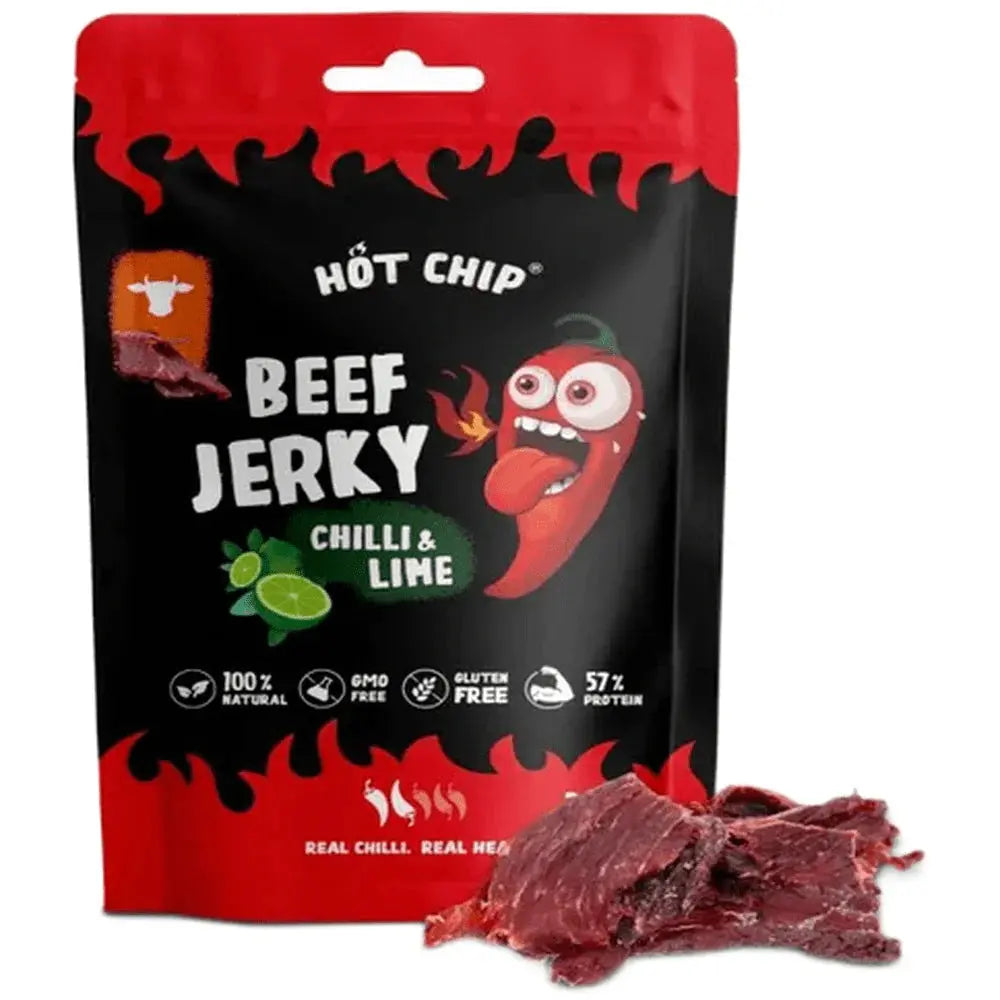 Hot Chip Beef Jerky Chilli & Lime - Viande séchée épicée au piment et à la lime, saveur intense et piquante avec une touche d'acidité, idéale pour une expérience de snack audacieuse et savoureuse, dispo sur Bonbiz, la référence des snacks carnés épicés.