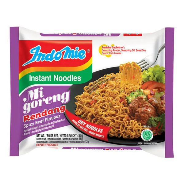Indomie Mi Goreng Rendang Instant Noodles, des nouilles sautées instantanées aux épices riches du rendang indonésien, prêtes en quelques minutes. À retrouver sur Bonbiz, ton American & Asian Market en ligne !