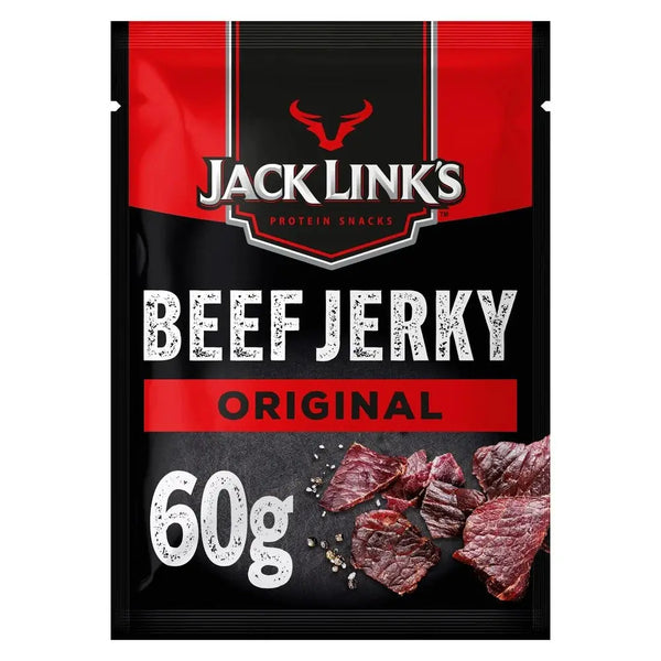Jack Link's Beef Jerky Original 60g - Viande séchée de boeuf tendre et savoureuse, au goût authentique et légèrement épicé, parfaite pour une collation riche en protéines, dispo sur Bonbiz, la référence des snacks carnés américains.