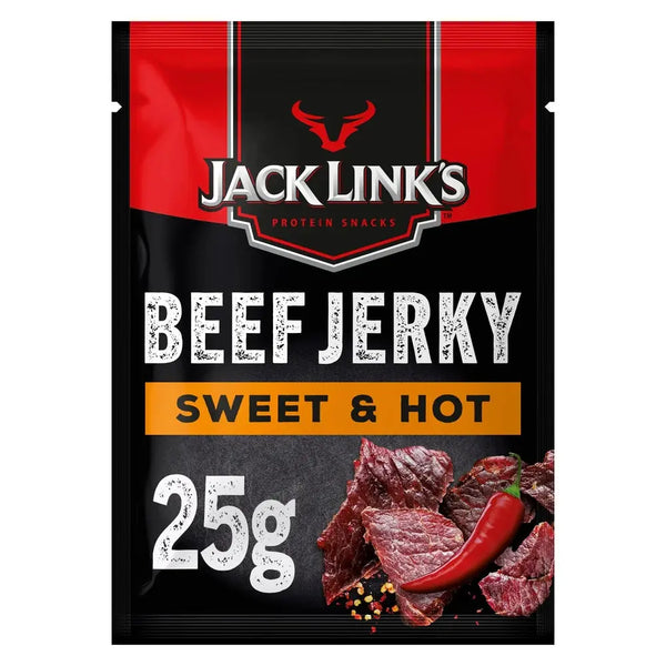 Jack Link's Beef Jerky Sweet & Hot Medium - Viande séchée de boeuf savoureuse, équilibre parfait entre douceur et épices, riche en protéines pour une collation délicieusement épicée, dispo sur Bonbiz, la référence des snacks carnés américains sucrés et épicés.