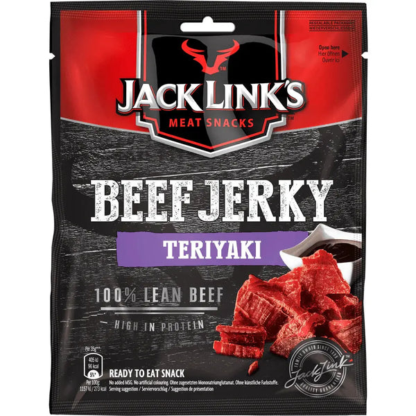 Jack Link's Beef Jerky Teriyaki Big - Viande séchée de boeuf marinée dans une sauce teriyaki sucrée et salée, riche en protéines, idéale pour une collation savoureuse et énergisante, dispo sur Bonbiz, la référence des snacks carnés au goût asiatique et authentique.