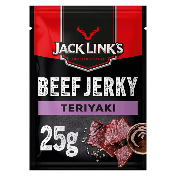 Jack Link's Beef Jerky Teriyaki Medium - Viande séchée de boeuf savamment marinée dans une sauce teriyaki douce et salée, riche en protéines et pleine de saveur, parfaite pour une collation gourmande et nourrissante, dispo sur Bonbiz, la référence des snacks carnés savoureux et exotiques.