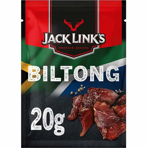 Jack Link's Biltong Medium - Viande séchée de boeuf préparée selon la méthode traditionnelle biltong, saveur riche et épicée, riche en protéines et idéale pour une collation nourrissante, dispo sur Bonbiz, la référence des snacks carnés authentiques et savoureux.