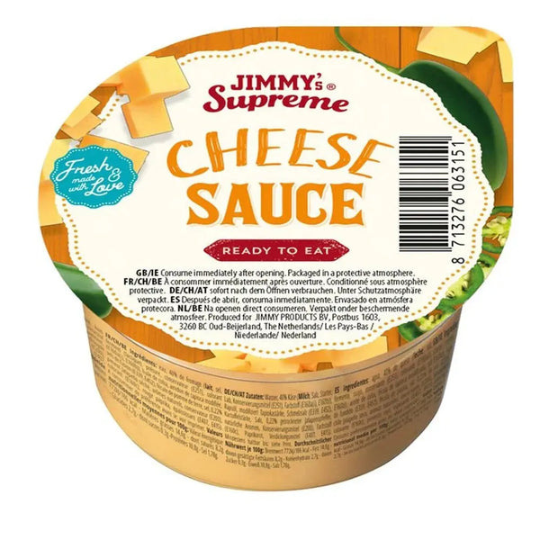 Jimmy's Supreme Cheese Sauce - Sauce crémeuse au fromage de qualité supérieure, idéale pour accompagner vos nachos, frites ou snacks salés, saveur riche et onctueuse pour une expérience gourmande, dispo sur Bonbiz, la référence des sauces au fromage savoureuses et crémeuses.