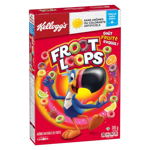 Kellogg's Froot Loops - Céréales colorées au goût fruité et sucré, parfaites pour le petit-déjeuner ou comme encas, offrant une expérience croquante et pleine de saveurs, dispo sur Bonbiz, la référence des céréales fruitées et gourmandes.