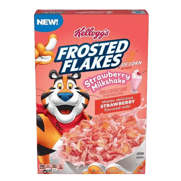 Kellogg's Frosted Flakes Milkshake Strawberry - Céréales croquantes au goût sucré de flocons de maïs enrobés de sucre, avec une saveur de milkshake à la fraise, parfaites pour un petit-déjeuner gourmand et fruité, dispo sur Bonbiz, la référence des céréales sucrées et aux saveurs crémeuses.