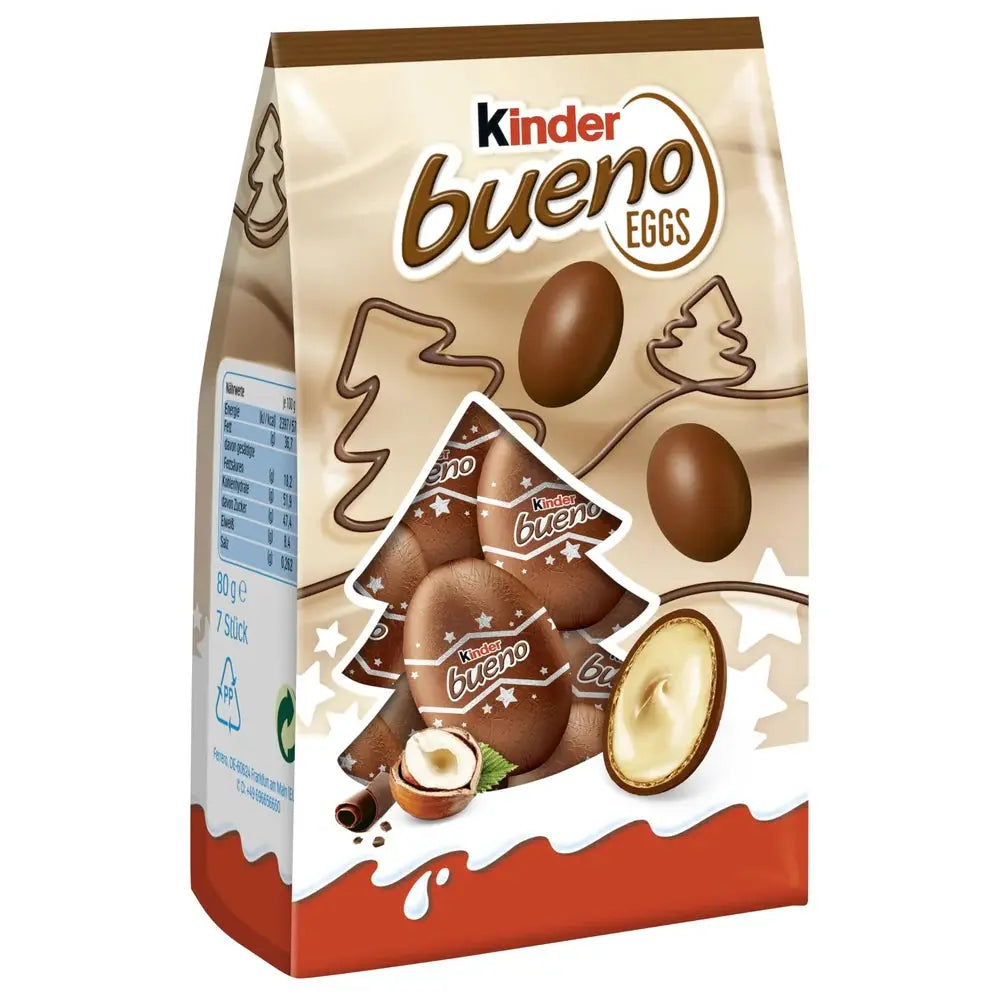 Goûtez les Kinder Bueno Eggs Hazelnut, des œufs chocolat noisette croustillants et fondants. Disponible sur Bonbiz, votre american shop en livraison rapide.