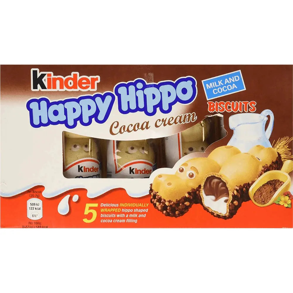 Dégustez le Kinder Happy Hippo Cacao Big, une gaufrette fourrée croquante et fondante au chocolat et cacao. Disponible sur Bonbiz, votre épicerie américaine en ligne.