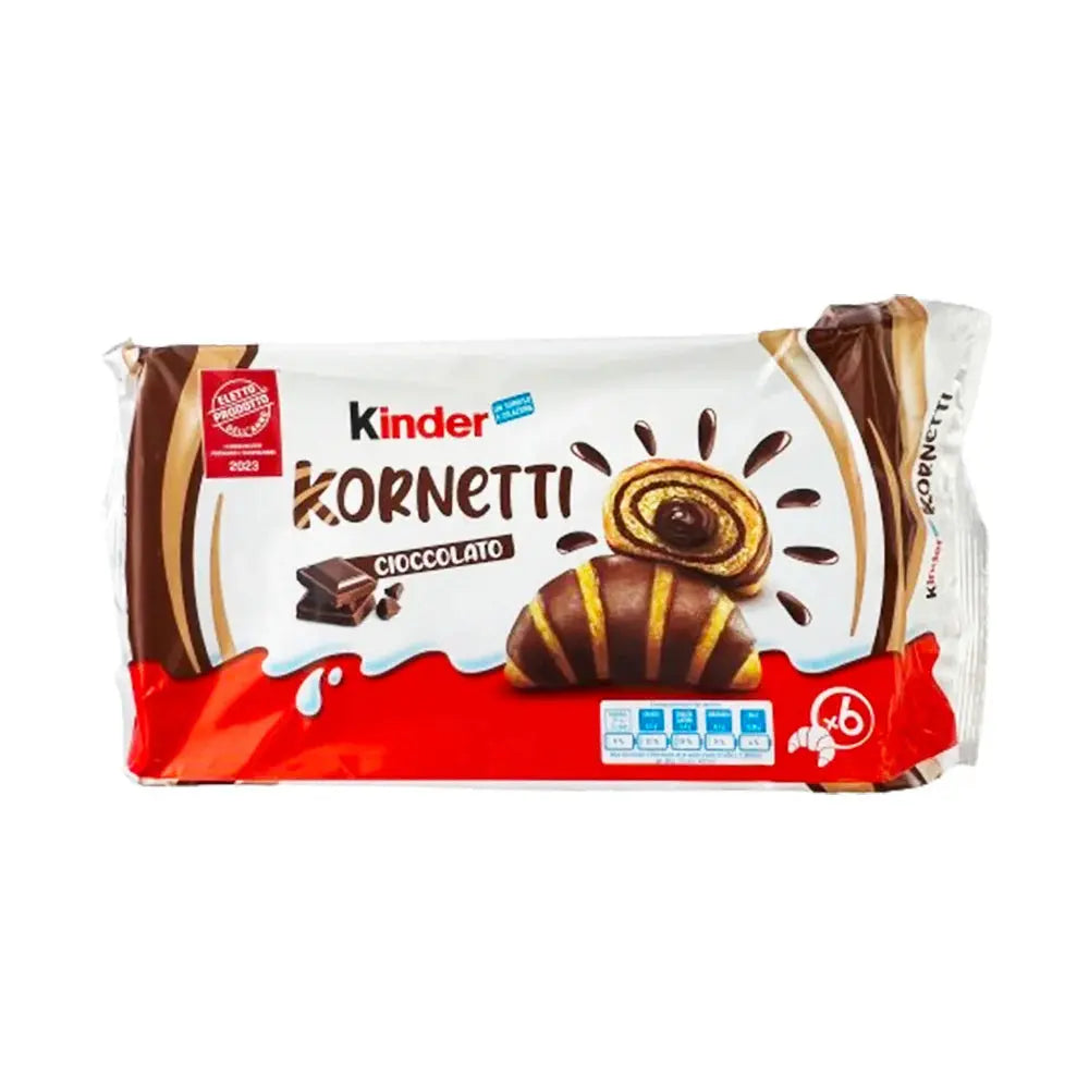 Savourez le Kinder Kornetti Chocolate, une brioche moelleuse au chocolat fondant pour une pause gourmande. Disponible sur Bonbiz, votre épicerie américaine en ligne.