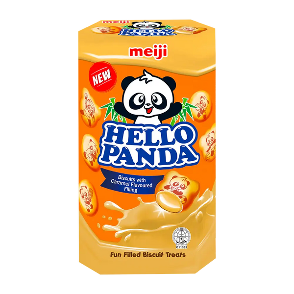 Meiji Hello Panda Caramel, de savoureux biscuits japonais en forme de panda, garnis d’un cœur fondant au caramel Meiji. À retrouver sur Bonbiz, ton American & Asian Market !