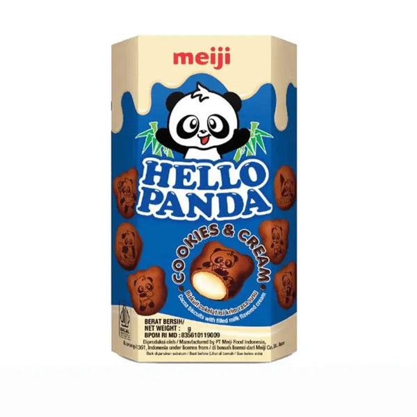 Meiji Hello Panda Cookie and Cream, des biscuits japonais croquants en forme de panda, garnis d’un cœur fondant à la crème vanillée et aux éclats de cookies. À retrouver sur Bonbiz, ton American & Asian Market en ligne !